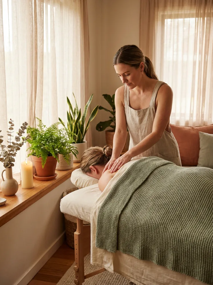 Praticienne bien-être prodiguant un massage à domicile à Paulhan